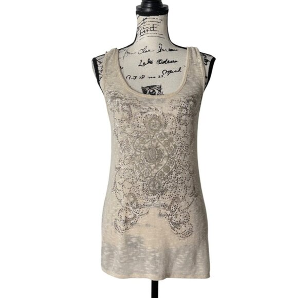 Maurices Beige Beaded Sleeveless Tank Top With Crochet Lace Back Size M - Picture 1 of 8